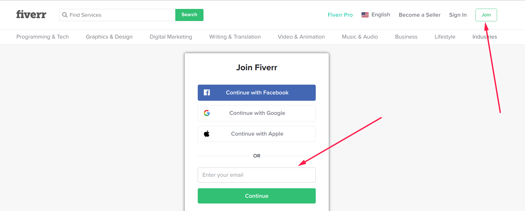 how to create a Fiverr account screenshot