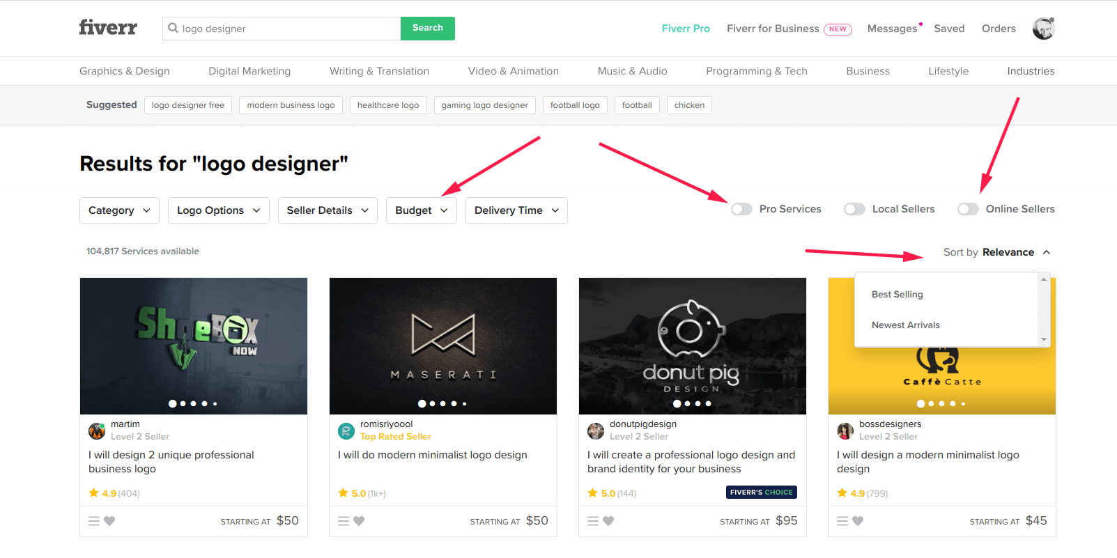 how to filter logo designers on Fiverr