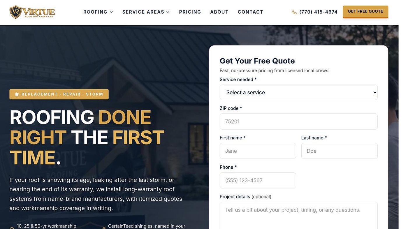 Virtue Roofing website homepage