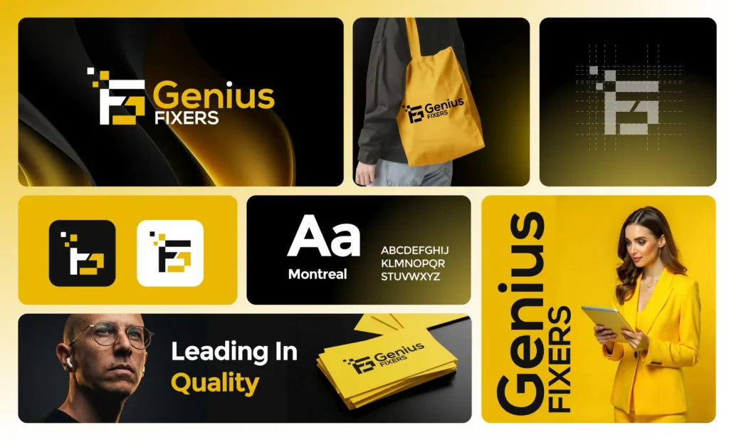 Genius Fixers logo and brand identity designed by SantaGraphics